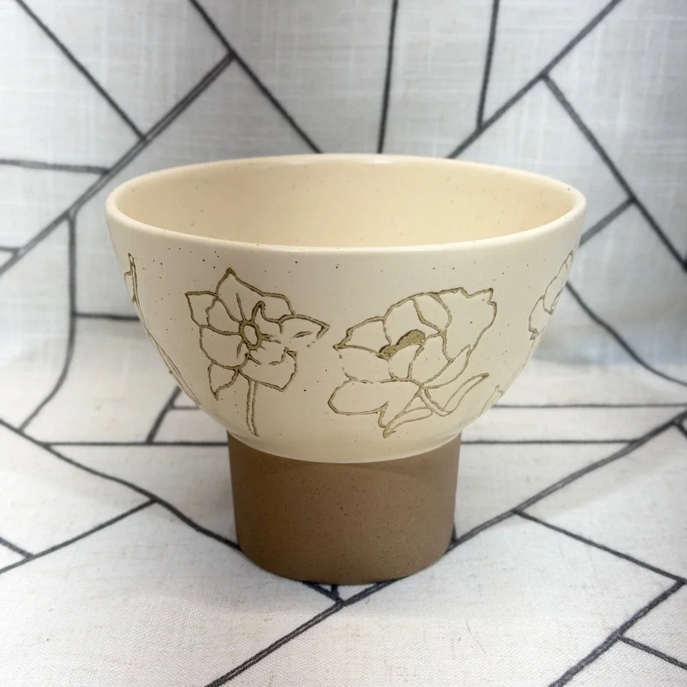 World Market Kolor Me Koby Footed Bowl 6in Cream Brown Floral Ceramic Pedestal